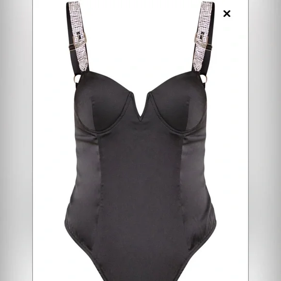 PRETTYLITTLETHING Black Diamante Strap V Bar Bodysuit - Picture 2 of 6